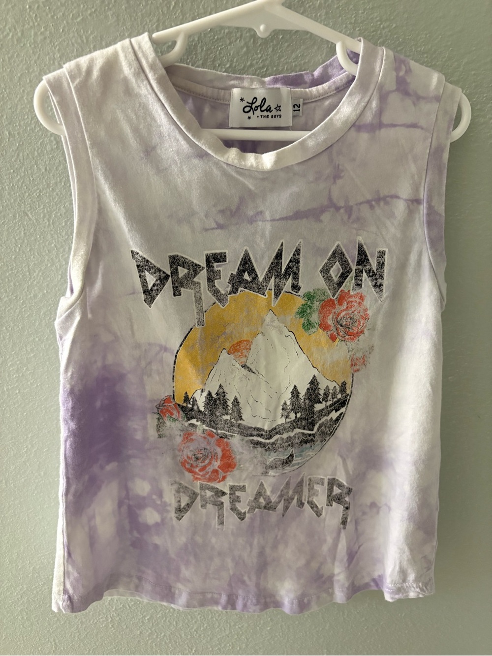 Lola and The Boys Sleeveless Tie-Dye Tank Top Purple & White Dream On Dreamer 12